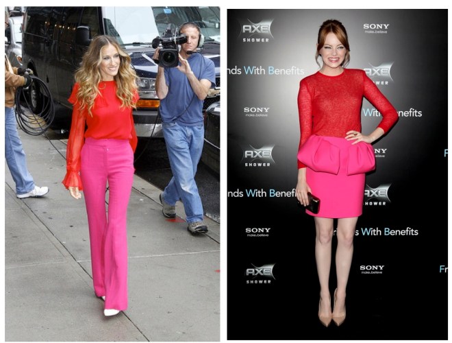 Sarah Jessica Parker and Emma Stone both rock the pink/red colour combination.