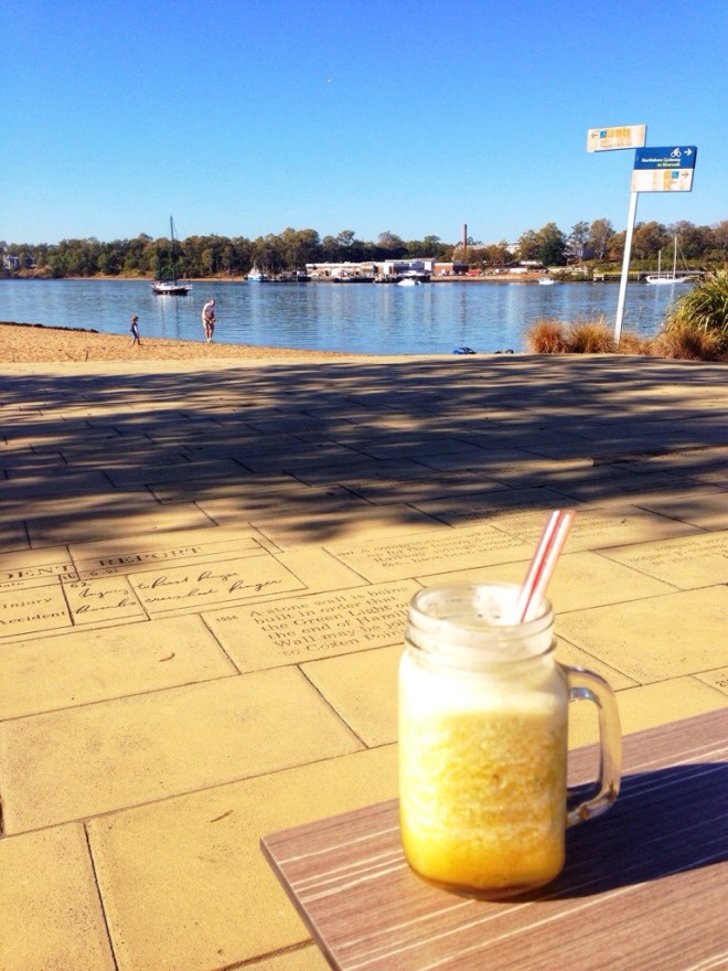 An orange, pineapple and mint fruit crush from Northshore Riverside Cafe.  
