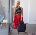 red_Pleated_skirt_striped_shirt