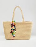 Bershka Straw Shopper With Pom Pom Detail