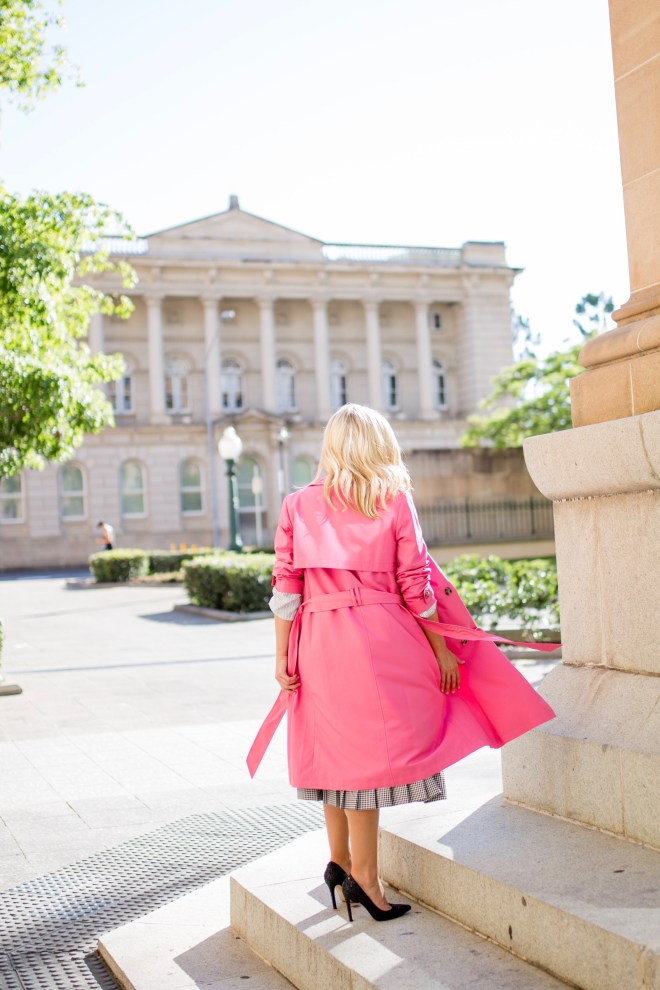 M&S pink-double-breasted-trench-coat and grey-pleated-midi-skirt