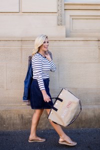 M&S striped-top button-front-denim-skirt checked-blazer tote-bag