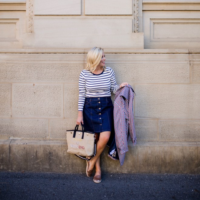 M&S striped-top button-front-denim-skirt checked-trench-coat